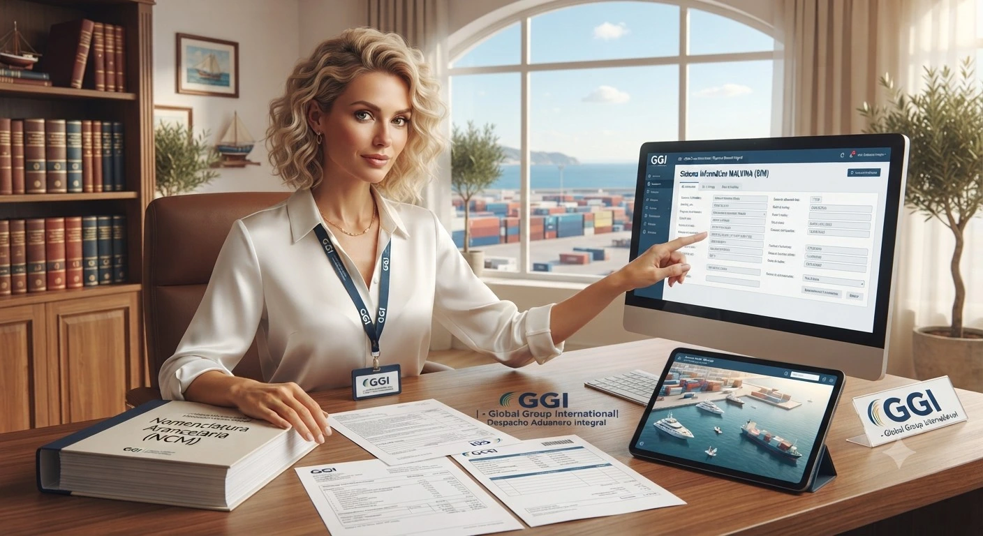 DESPACHANTE DE ADUANA 1 - GGI Professional woman in an office points to a desktop monitor displaying a form, with documents and a tablet on the desk and a harbor view outside the window on display.