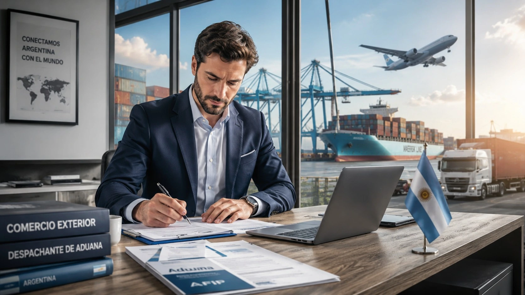 DESPACHANTE DE ADUANA 3 - GGI Man in a navy suit signs papers at a desk; the window reveals a port with container ships, cranes, and an airplane overhead outside.