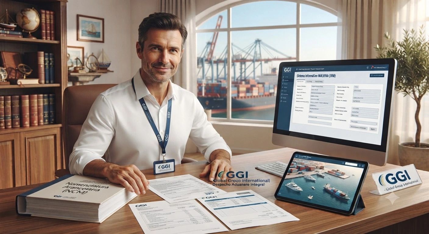 DESPACHANTE DE ADUANA 5 - GGI Businessman with an ID badge sits at a desk in a maritime logistics office; port cranes visible through the window, tablet and monitor show company software.