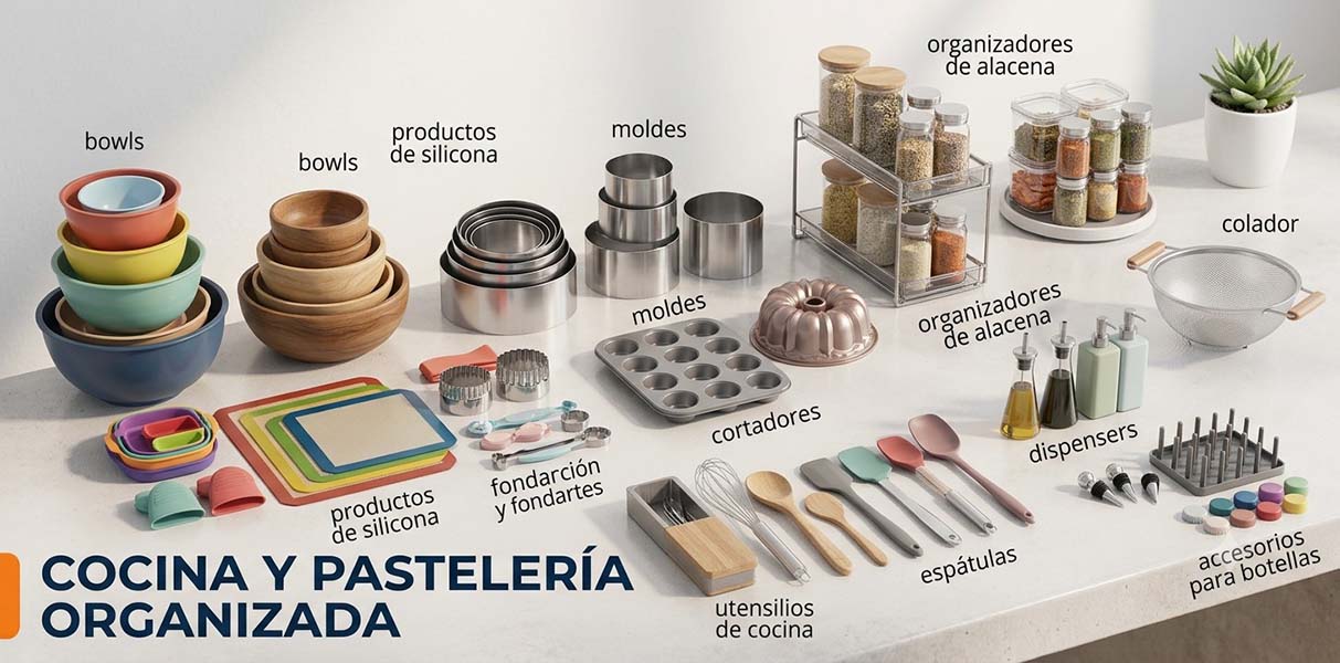 COCINA Y PASTELERIA - GGI A complete kitchen organization set: bowls, silicone bowls and molds, cutters, fondant tools, utensils, spice organizers, and bottle accessories on a countertop.