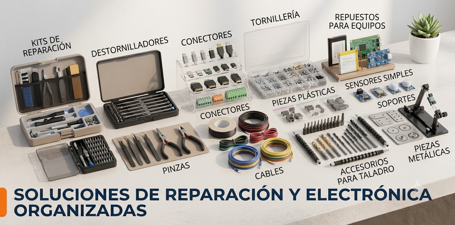 Herramientas - GGI Organización de piezas para reparación y electrónica: herramientas, cables, conectores y componentes etiquetados en una mesa.