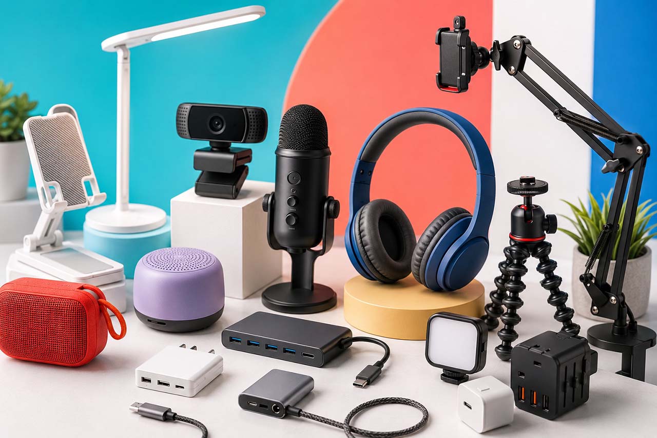 MICROFONOS STREAMING - GGI Desk setup featuring streaming gear: microphone, webcam, over-ear headphones, tripod mount, and compact speakers on a bright backdrop.
