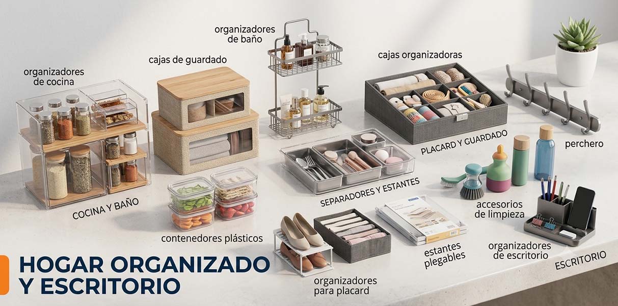 ORGANIZADORES DE BAÑO - GGI Conjunto de organizadores y contenedores para cocina, baño y oficina sobre una encimera blanca.