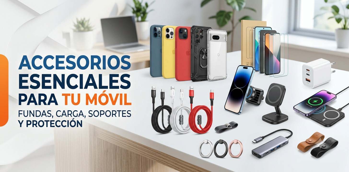 PRODUCTOS ELECTRONICOS - GGI Encabezados en azul 'Accesorios Esenciales para Tu Móvil' junto a fundas de colores, cables y cargadores sobre una mesa.