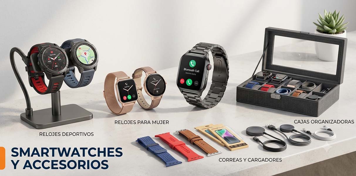SMARWATCH - GGI Group of smartwatches and accessories on a display: sport watches, women's watches, a smart speaker-style watch, and a storage box with organizing compartments.