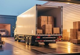 Puerta trasera de camion de carga abierta mostrando cajas de operacion logistica