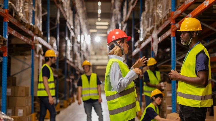 Operadores logisticos trabajando en almacen de mercancias