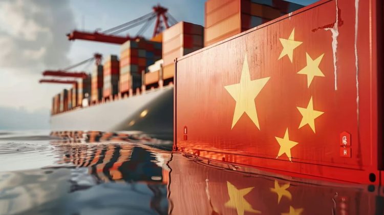 Bandera de china flotando sobre el agua con un buque de carga detrás