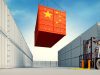 Contenedor de carga con bandera de china siendo bajado por maquinaria industrial