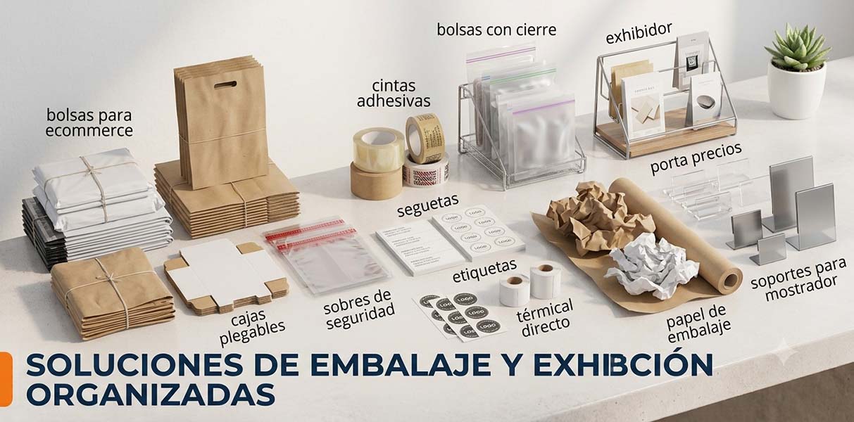 embalajes - GGI Conjunto de productos de embalaje y exhibición: bolsas para ecommerce, cajas plegables, cintas adhesivas y sobres de seguridad.
