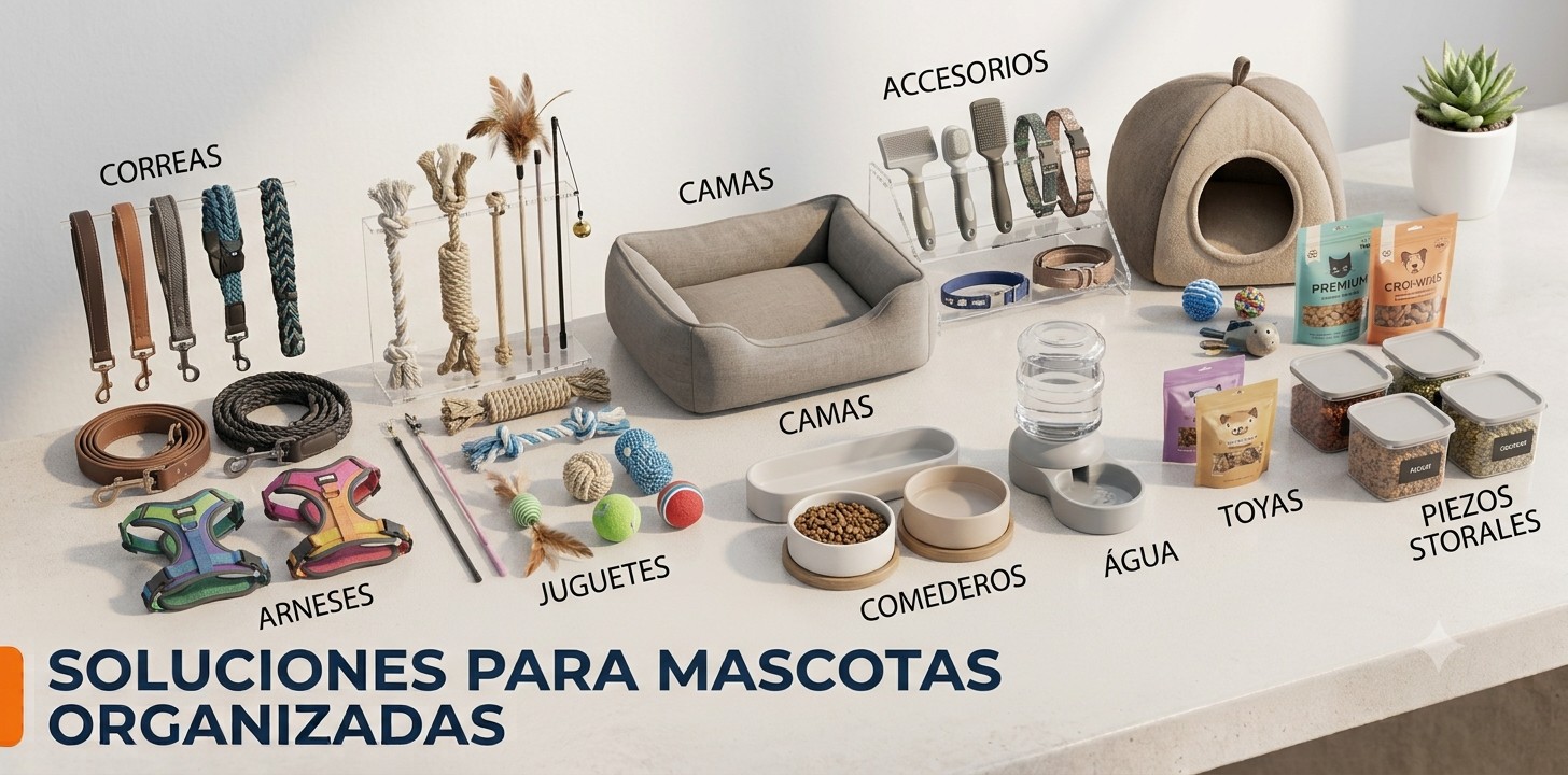 productos para mascotas - GGI Organización de productos para mascotas en una mesa: correas, arneses, juguetes, camas, comederos, agua y snacks.