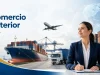 Professional woman signs documents beside a world-trade backdrop with a cargo ship, containers, and airplane.