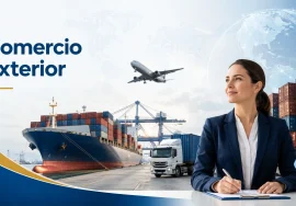Professional woman signs documents beside a world-trade backdrop with a cargo ship, containers, and airplane.