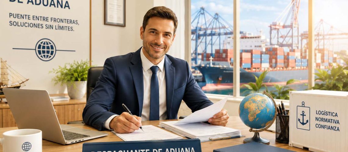 Despachante de aduana en su oficina firma documentos con laptop y carpeta, vistas de puerto y barcos tras la ventana