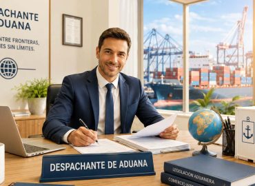 Despachante de aduana en su oficina firma documentos con laptop y carpeta, vistas de puerto y barcos tras la ventana