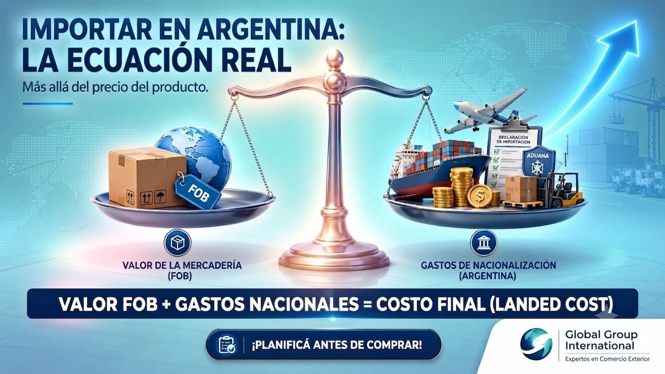 Ecuación del costo real de importación en Argentina: valor FOB más gastos de nacionalización