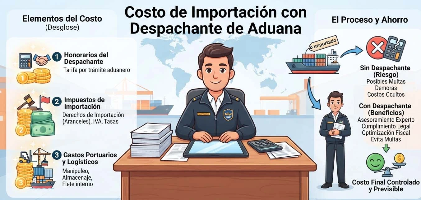 Infografía sobre costos de importación con despacho de aduana: funcionario en un escritorio rodeado de documentos; a la izquierda, costos: honorarios del despacho, impuestos de importación y gastos portuarios/logísticos; a la derecha, riesgos sin despacho y beneficios con despacho, y el costo final controlado y previsible.