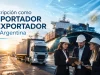 People in hard hats review documents at a busy port with a cargo ship and stacked containers; Argentina flag motif suggests import/export registration program.
