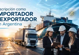 People in hard hats review documents at a busy port with a cargo ship and stacked containers; Argentina flag motif suggests import/export registration program.