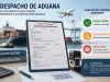 Customs desk image showing an import declaration on a clipboard, a stamp reading 'DESPACHO OFICIALIZADO', and a calculator, with containers, a ship, and an airplane in the background; right panel lists control channels (green, orange, red).