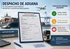 Customs desk image showing an import declaration on a clipboard, a stamp reading 'DESPACHO OFICIALIZADO', and a calculator, with containers, a ship, and an airplane in the background; right panel lists control channels (green, orange, red).