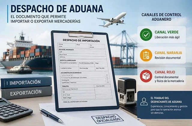 Customs desk image showing an import declaration on a clipboard, a stamp reading 'DESPACHO OFICIALIZADO', and a calculator, with containers, a ship, and an airplane in the background; right panel lists control channels (green, orange, red).