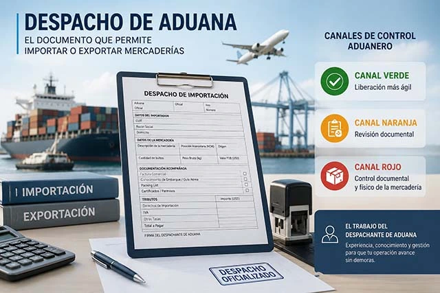 Customs desk image showing an import declaration on a clipboard, a stamp reading 'DESPACHO OFICIALIZADO', and a calculator, with containers, a ship, and an airplane in the background; right panel lists control channels (green, orange, red).